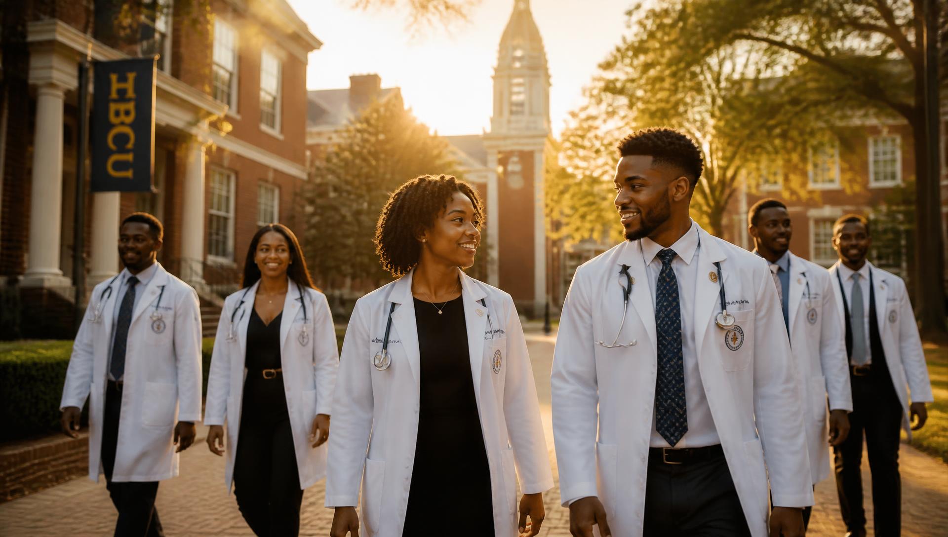 HBCU medical students walking across campus at golden hour